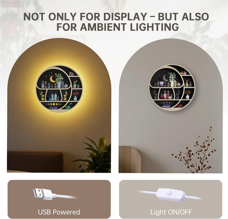 FNYDOX Circle Mushroom on The Moon Wall Shelf with LED Light, Wooden Trinket Knick Knack Shelf, Mushroom & Moon Decor Crystal Display Shelf for Rocks Gems Healing Stones, Cute Crystal Holder Organizer - Image 5
